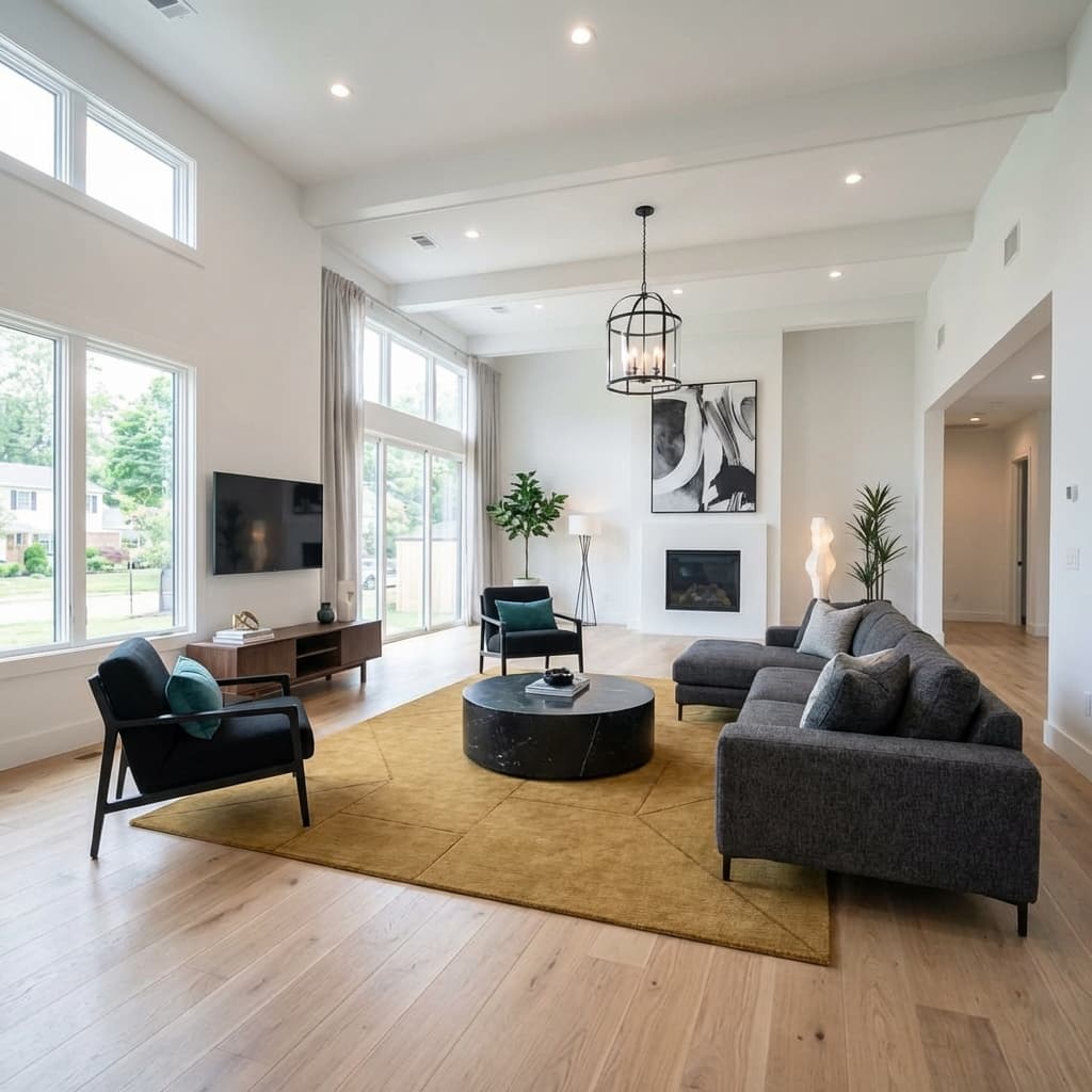 Perfekt virtuell eingerichtetes, helles, luxuriöses Wohnzimmer