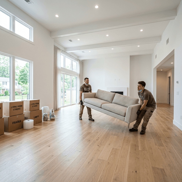 Umzugshelfer tragen schweres Sofa in leeren Raum