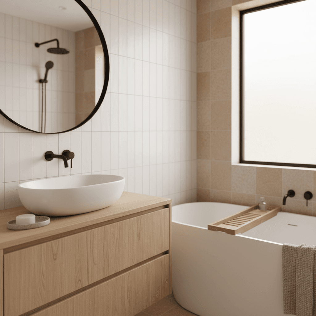 Japandi Badezimmer mit Holzwaschtisch