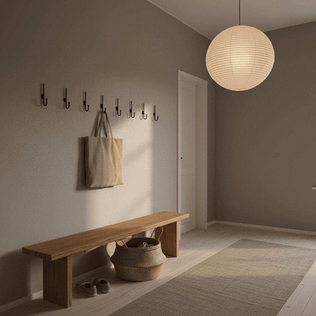 Japandi Flur mit Holzbank und Papierleuchte