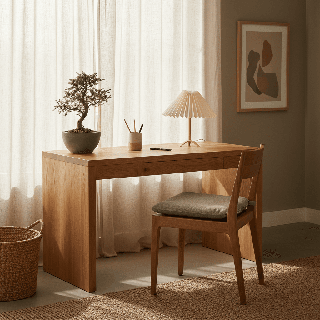 Japandi Homeoffice mit Holzschreibtisch