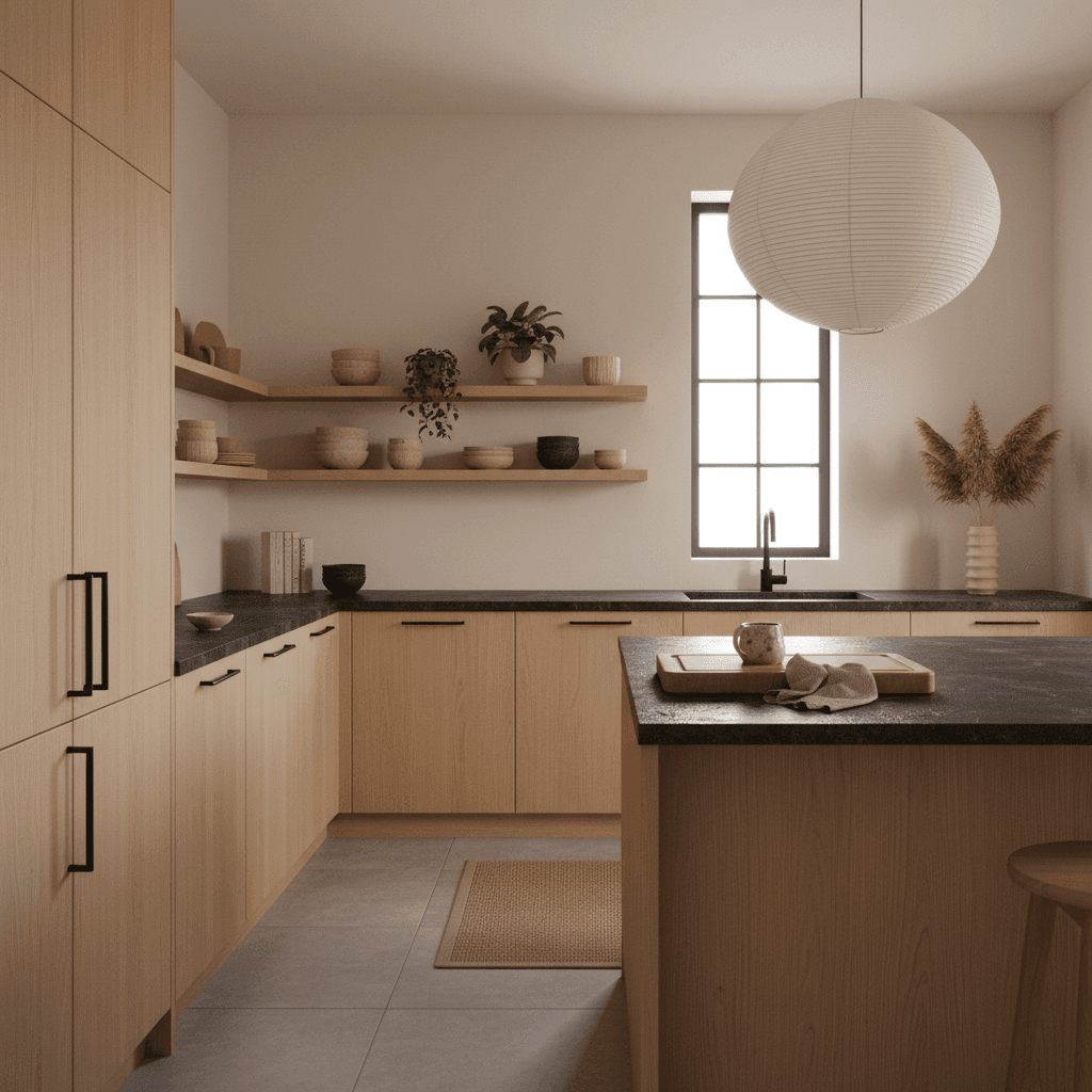 Japandi Küche mit Holzregalen und Papierlampe