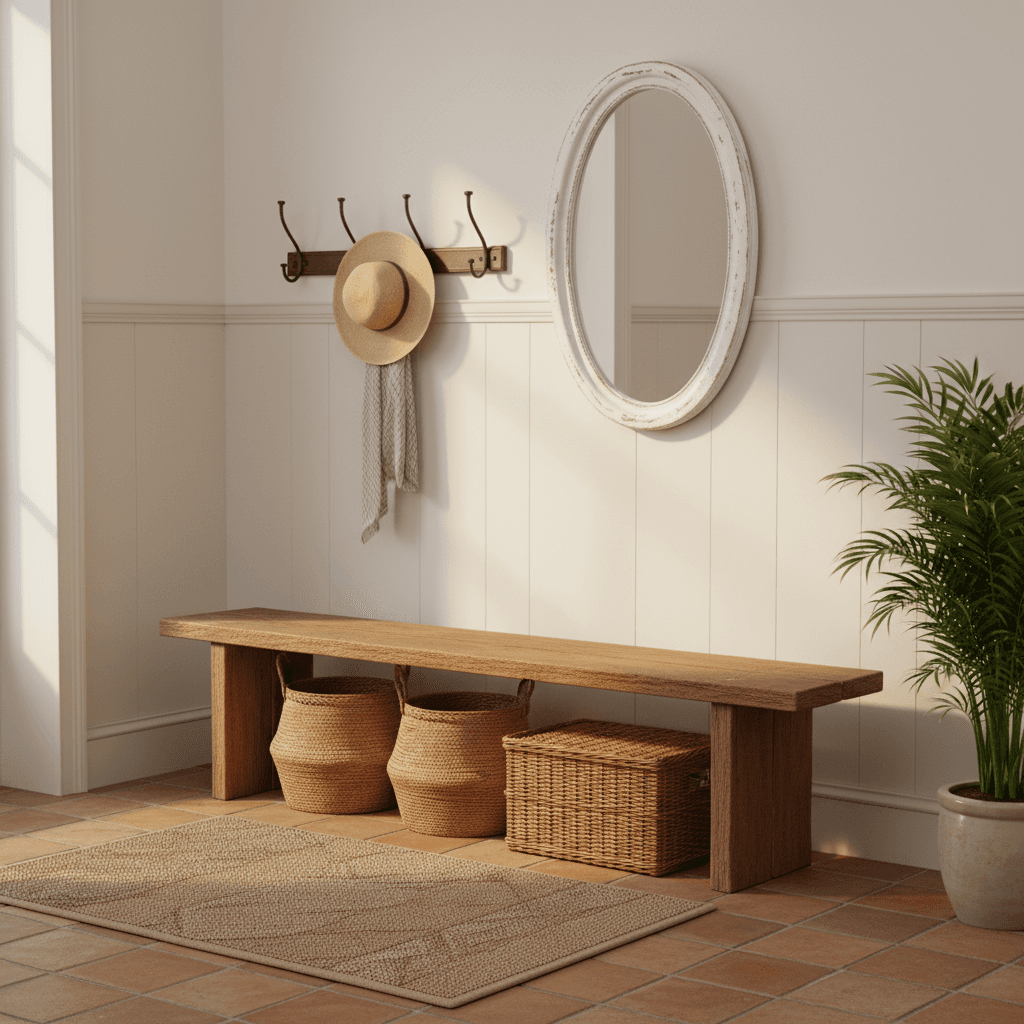 Landhaus-Flur mit Holzbank und Körben