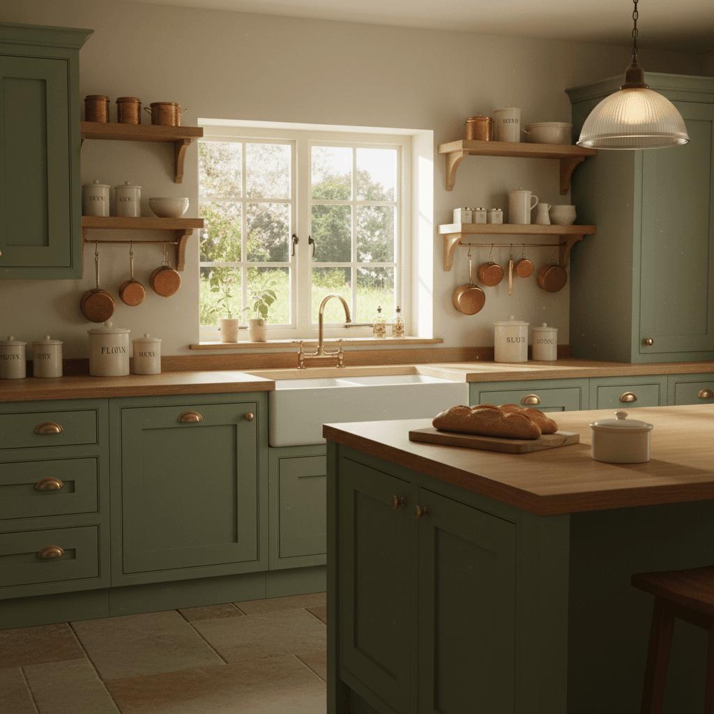 Landhaus-Küche mit Salbei-Fronten