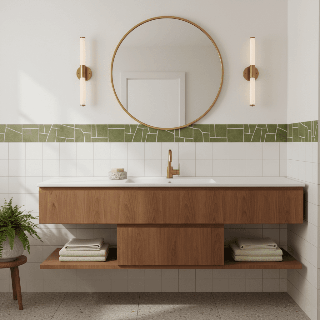 Mid-Century Badezimmer mit rundem Spiegel