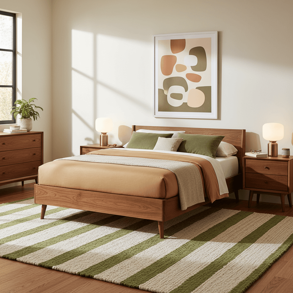 Mid-Century Schlafzimmer mit Holzbett