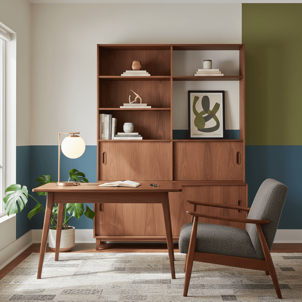 Mid-Century Homeoffice mit Opal-Lampe