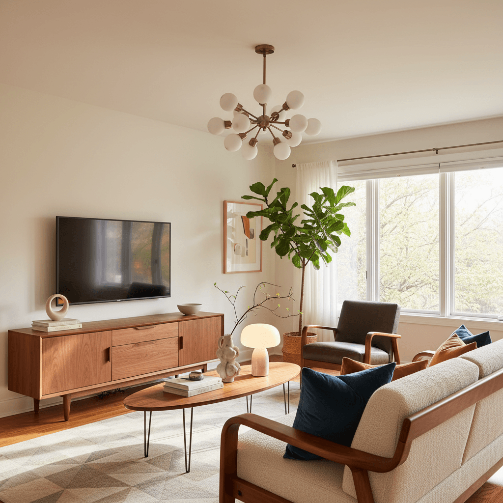 Mid-Century Wohnzimmer mit Nussbaum Lowboard