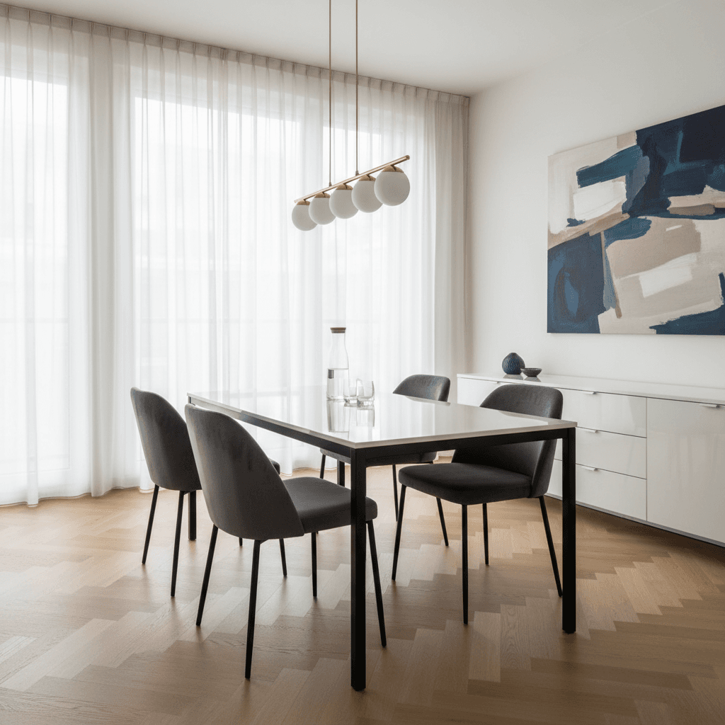 Modernes Esszimmer mit schöner Pendelbeleuchtung