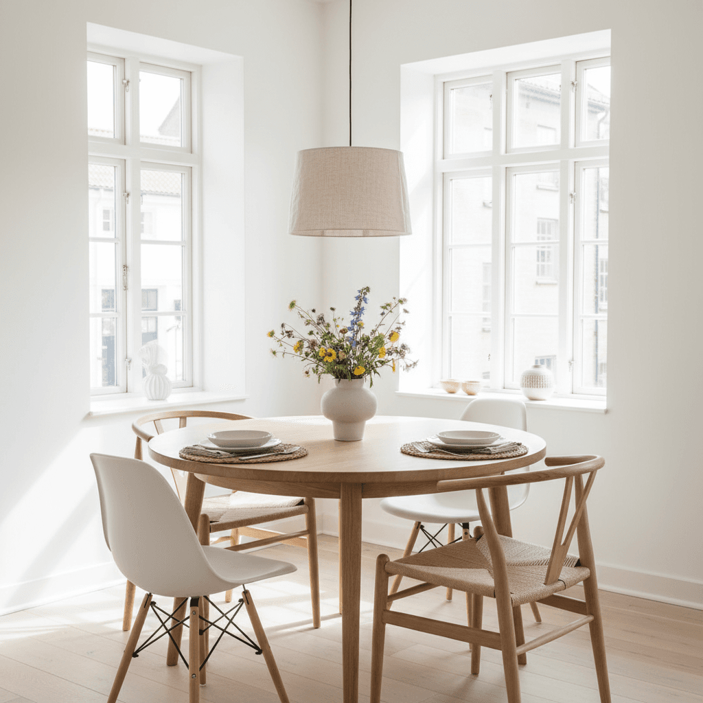 Skandinavischer Essbereich mit Holztisch