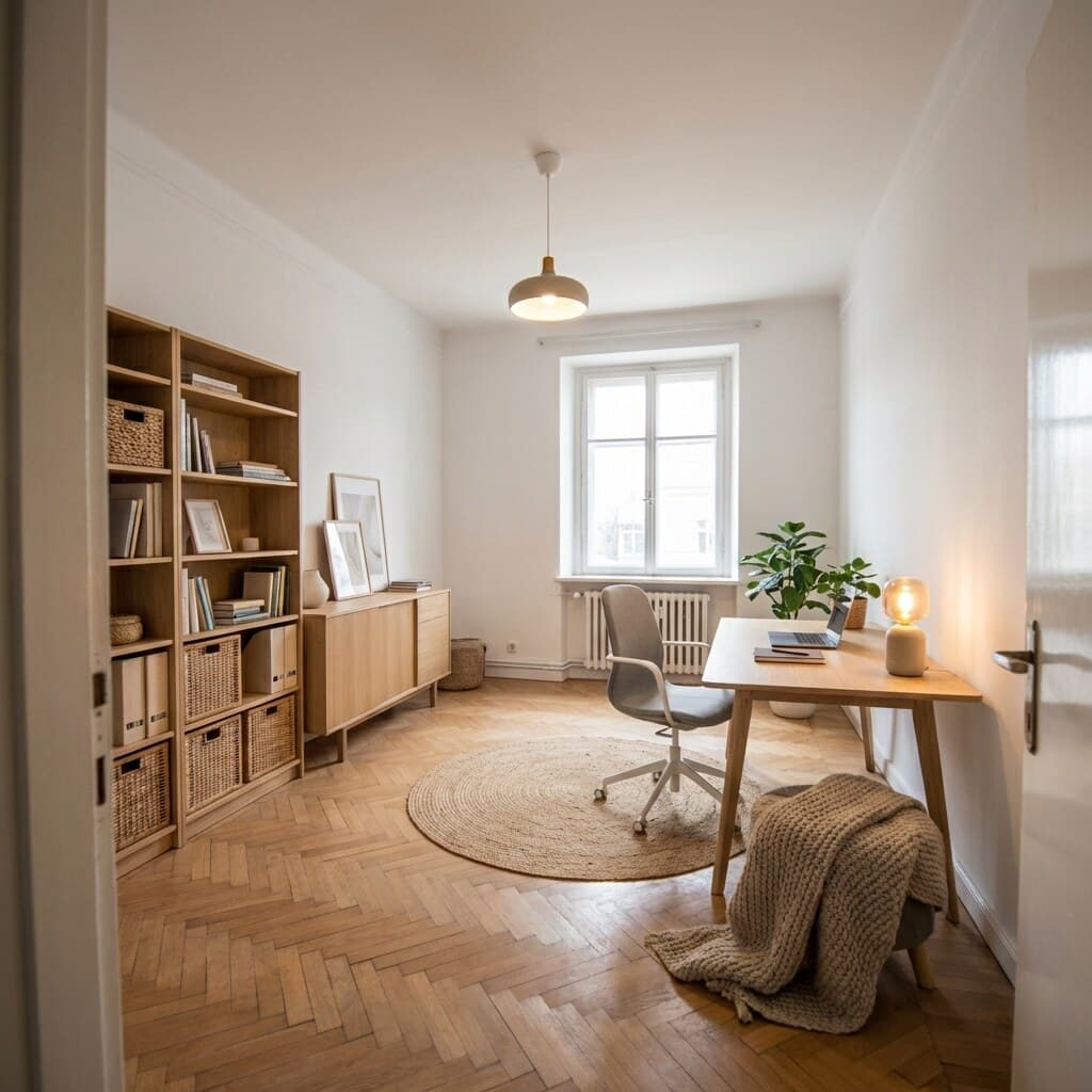 Arbeitszimmer mit Fischgrätparkett, Regal, Schreibtisch und rundem Teppich