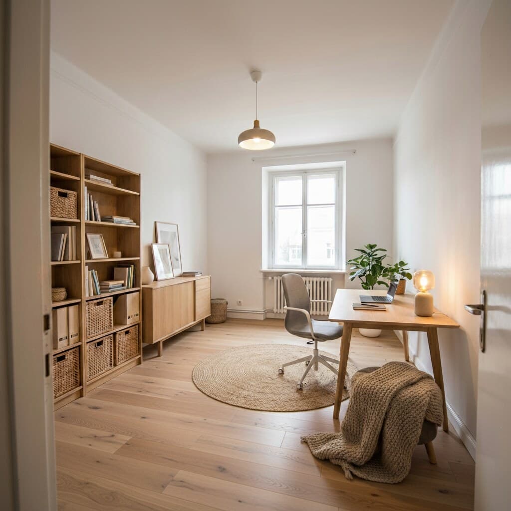 Dasselbe Zimmer mit breiter Eichendiele – Möbel und Wände unverändert