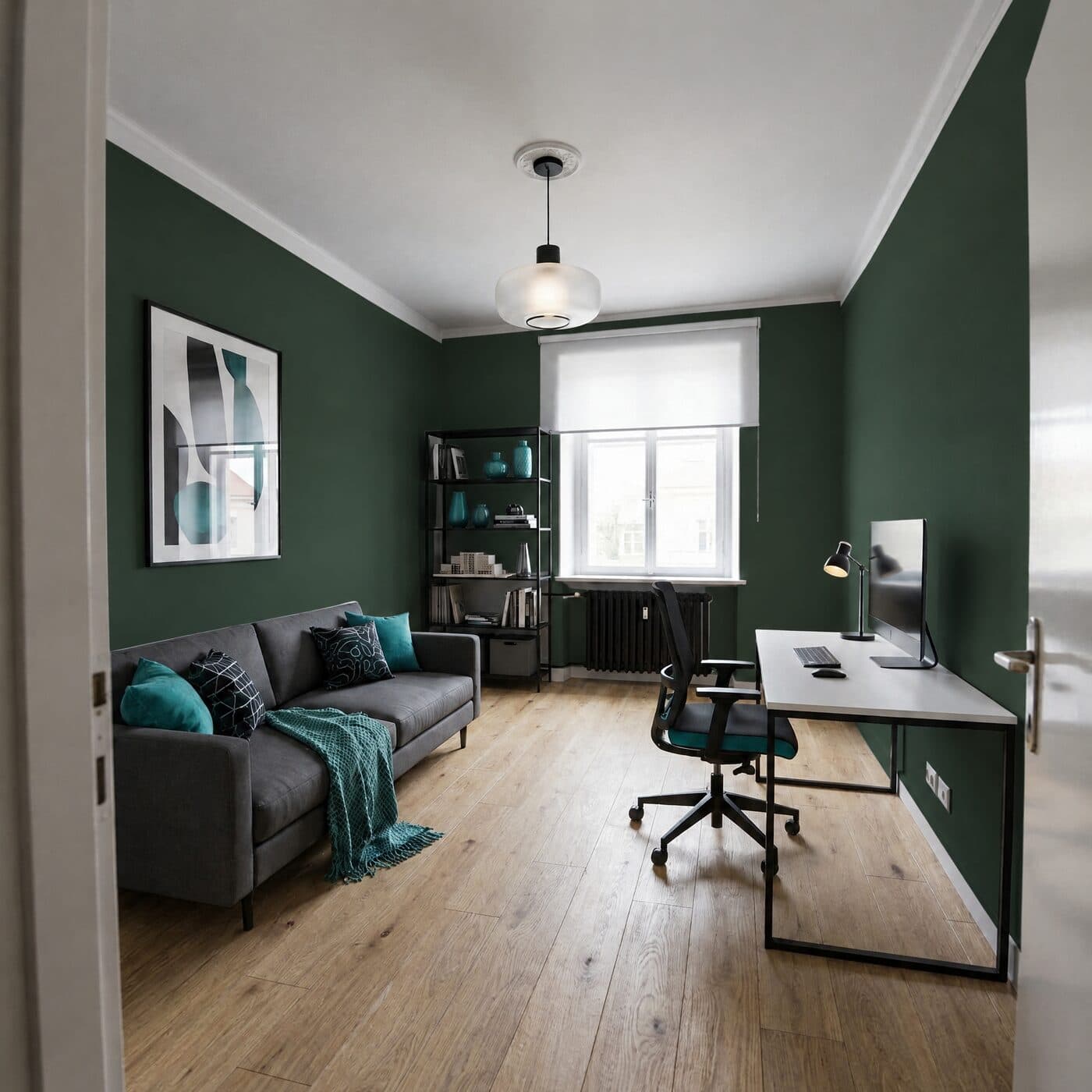 Arbeitszimmer in Dunkelgrün, Abstufung kräftig (#1F3329)