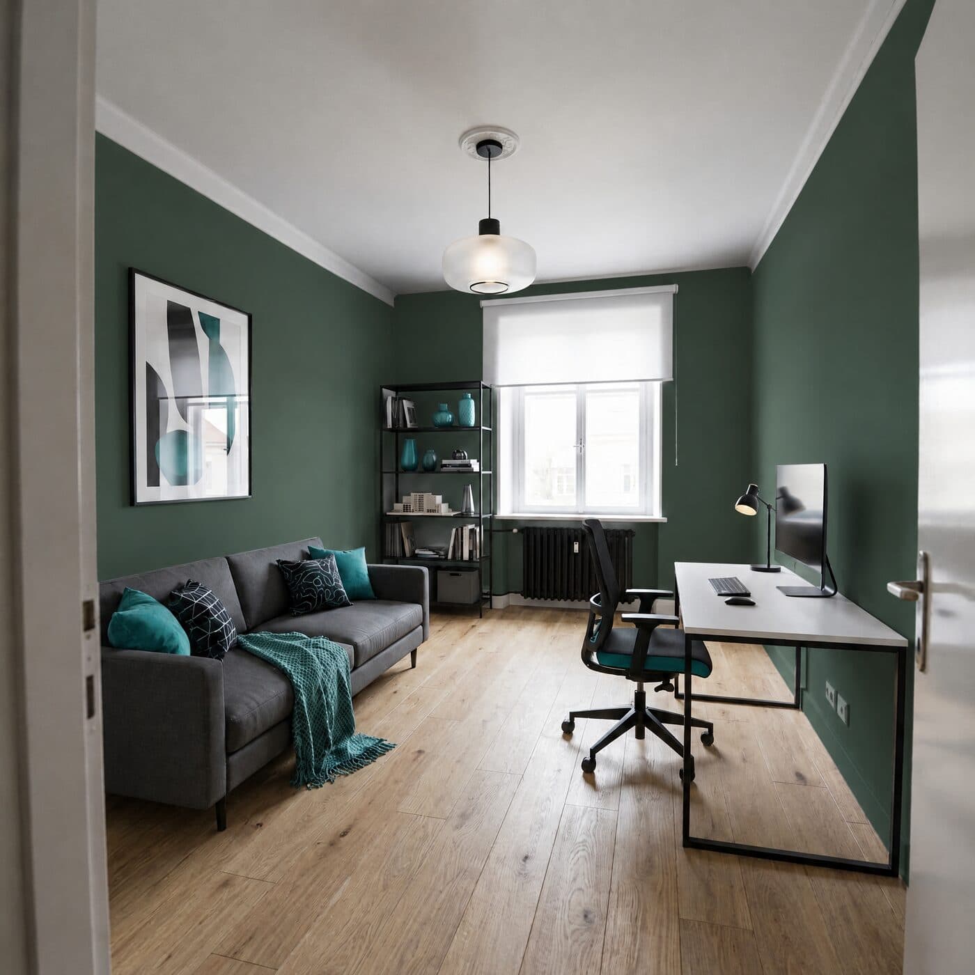 Dasselbe Arbeitszimmer mit Wänden in Dunkelgrün