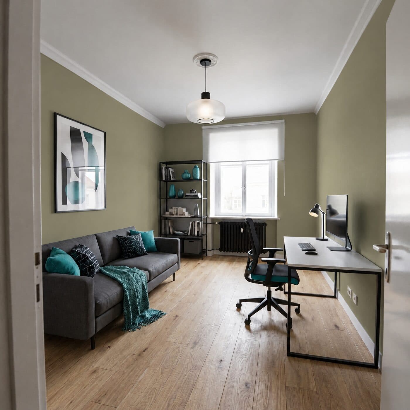 Arbeitszimmer mit Sofa und Schreibtisch, Wände in Olivgrün gestrichen