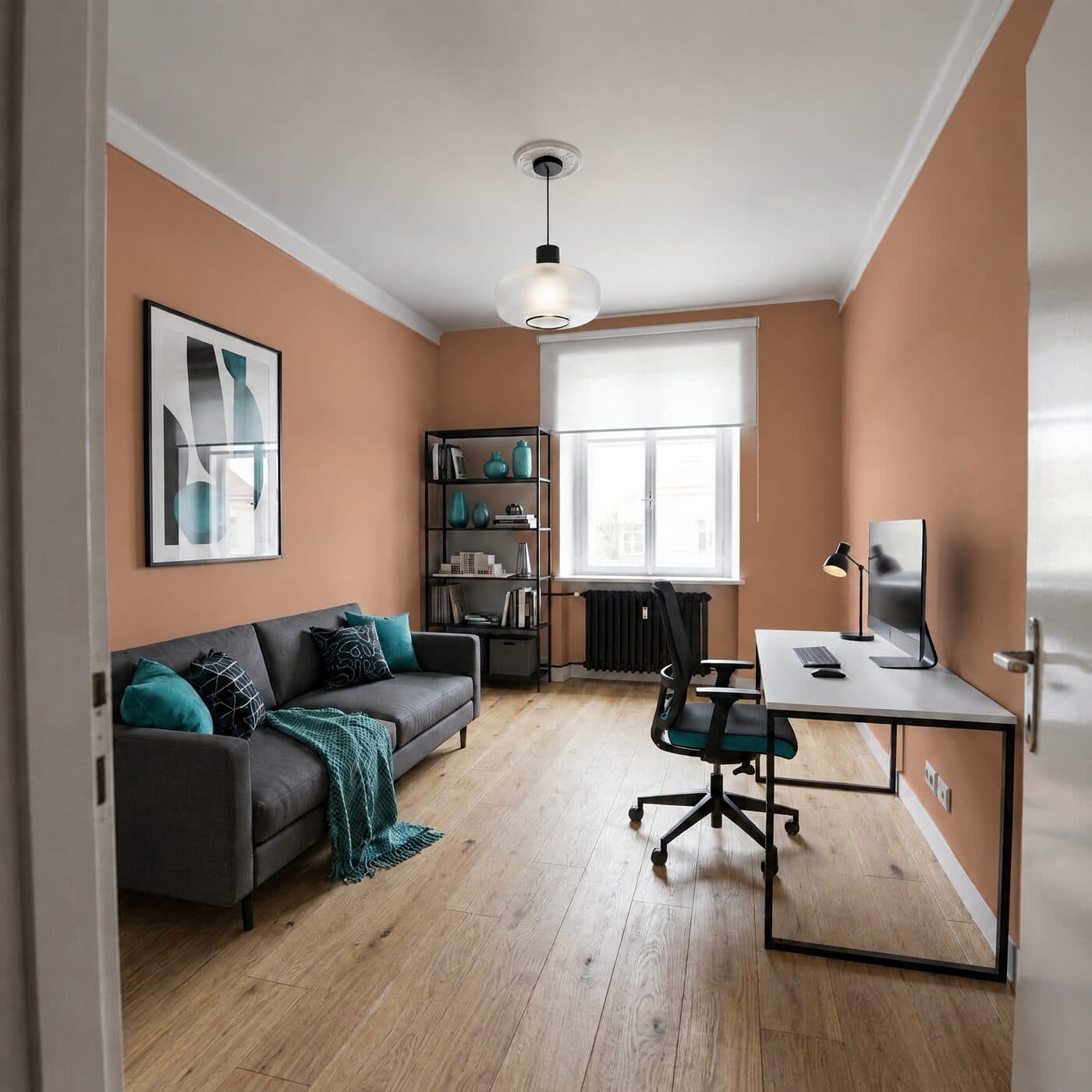 Dasselbe Arbeitszimmer mit Wänden in Terrakotta